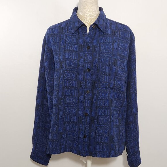 Chico's Size 0-XS Blue Tribal Aztec Print Long Sleeve Pocket Button Down Shirt - Picture 1 of 14